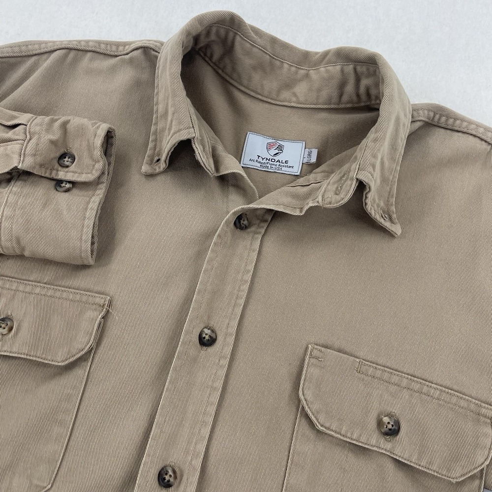 Tyndale FR Button Up Shirt Men's L Beige HRC 2 Flame Resistant Long Sleeve Work